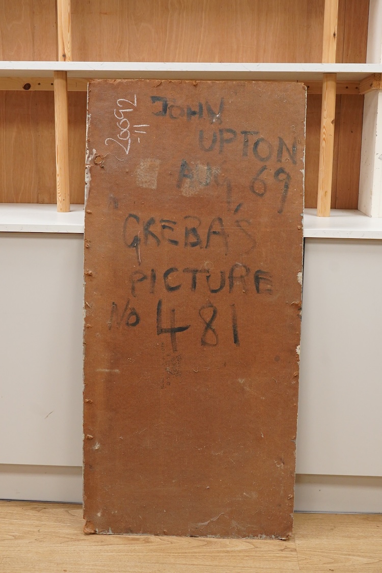 John Upton (1933-2005), Mid century abstract oil on canvas board, Portrait of a woman amongst flowers, inscribed and dated Aug, '69, unframed, 130 x 60cm